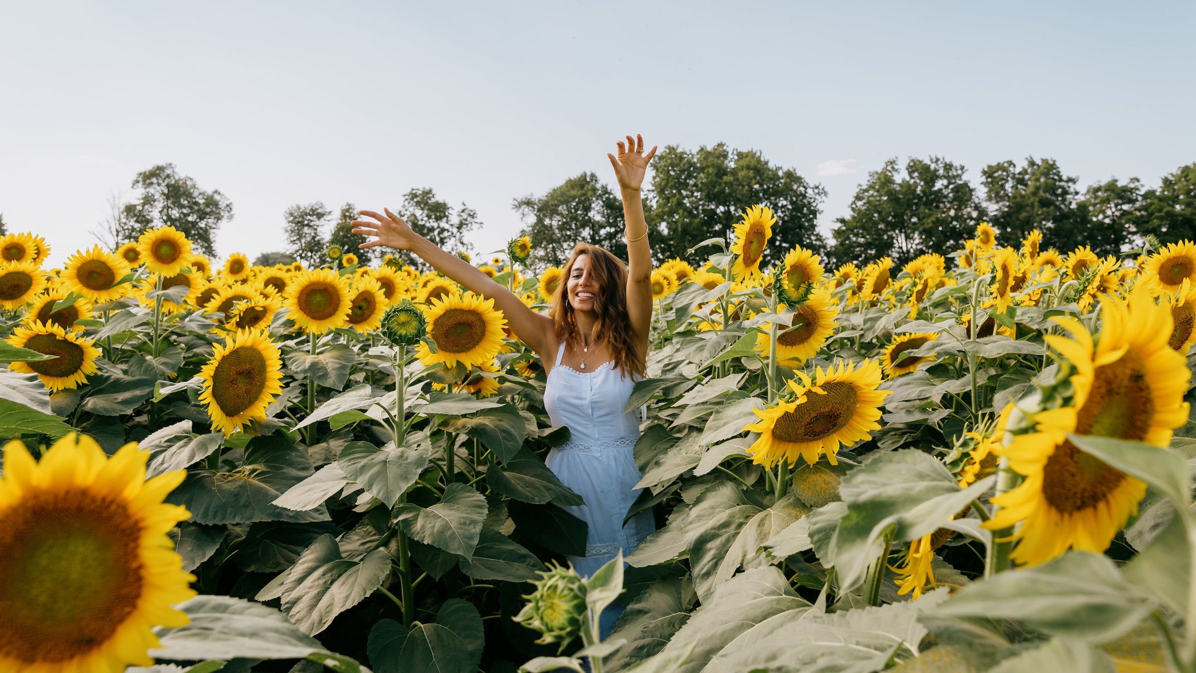 women in dress standing in sunflowers 