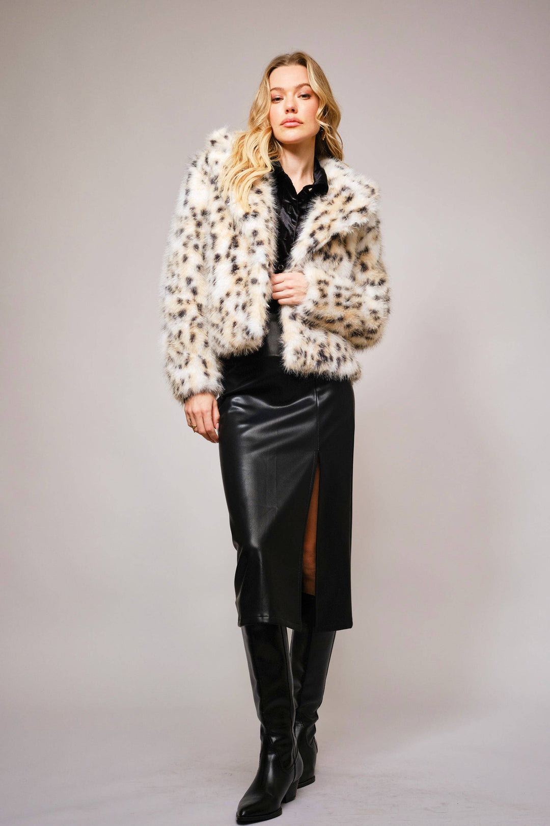 Leopard Faux Fur Collared Crop Jacket
