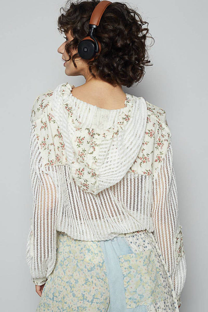 Vintage washed floral print patch crochet jacket