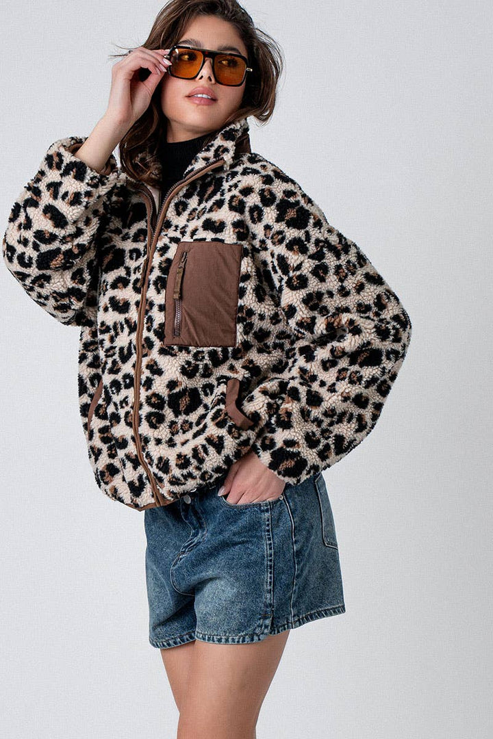 Animal Print Fleece Zip Up Jacket