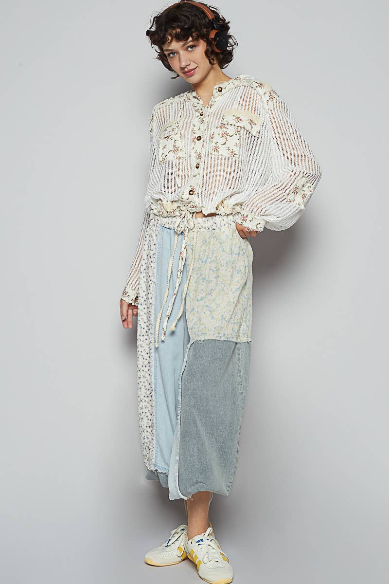 Vintage washed floral print patch crochet jacket