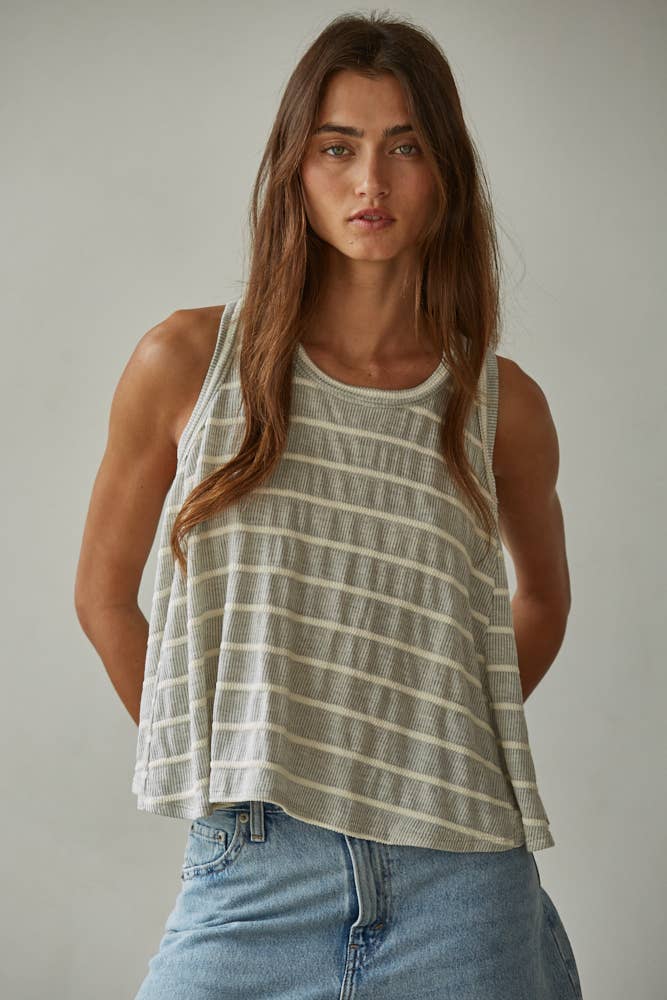 RJ3521 | Knit Striped Round Neck Sleeveless Tank Top