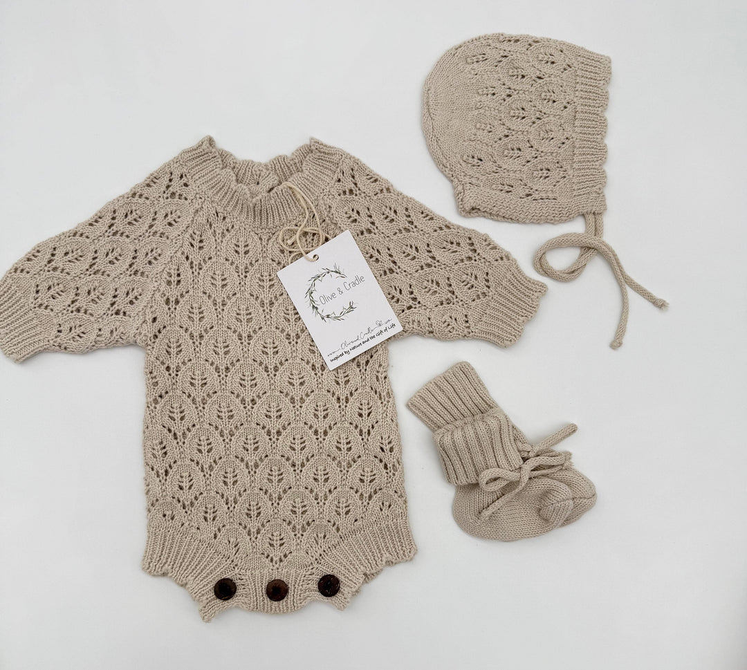 Lacy Vintage Pearl Romper + Bonnet
