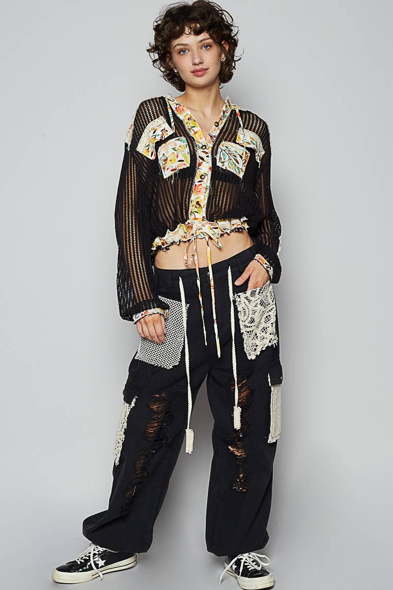 Vintage washed floral print patch crochet jacket