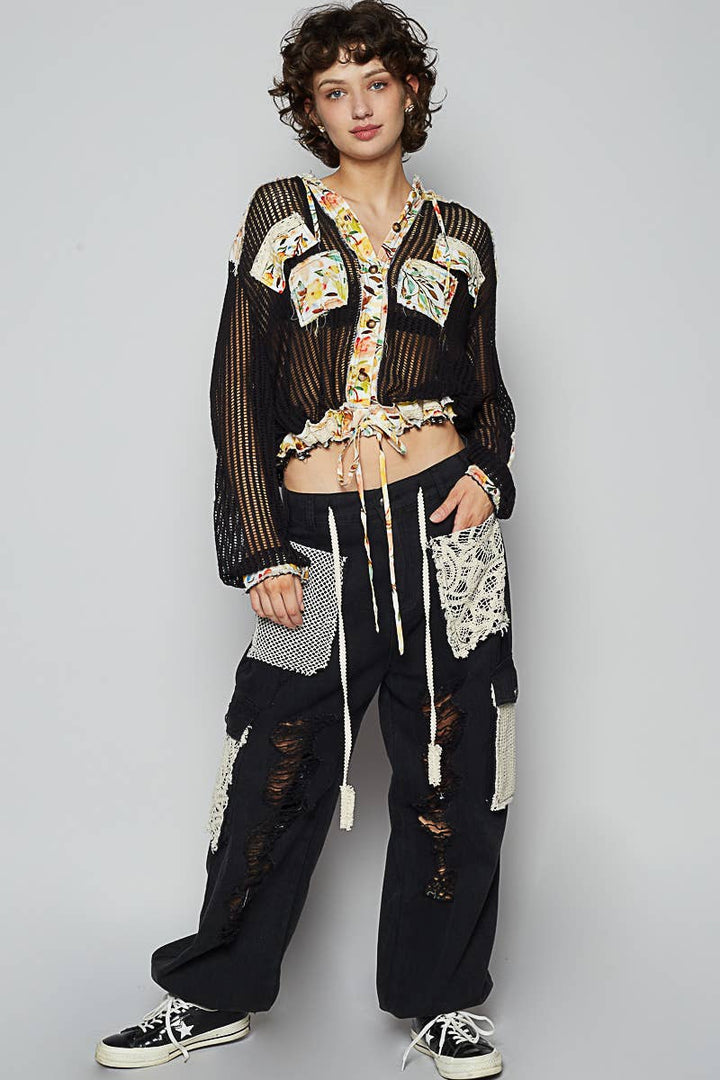 Vintage washed floral print patch crochet jacket