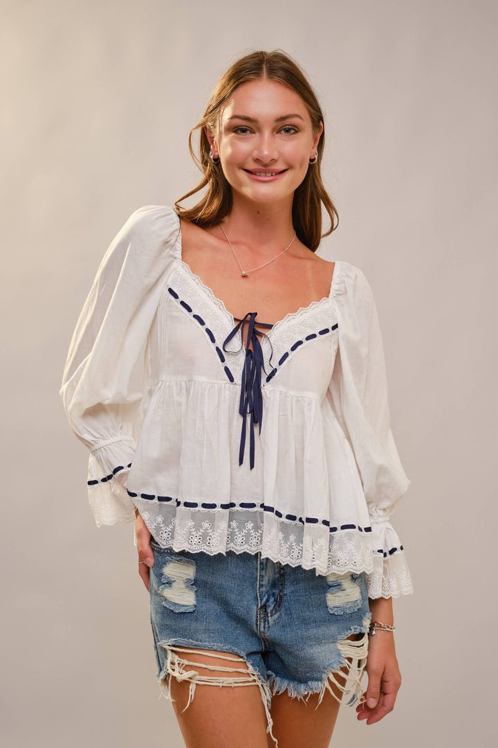 Lace Trim Peasant Blouse