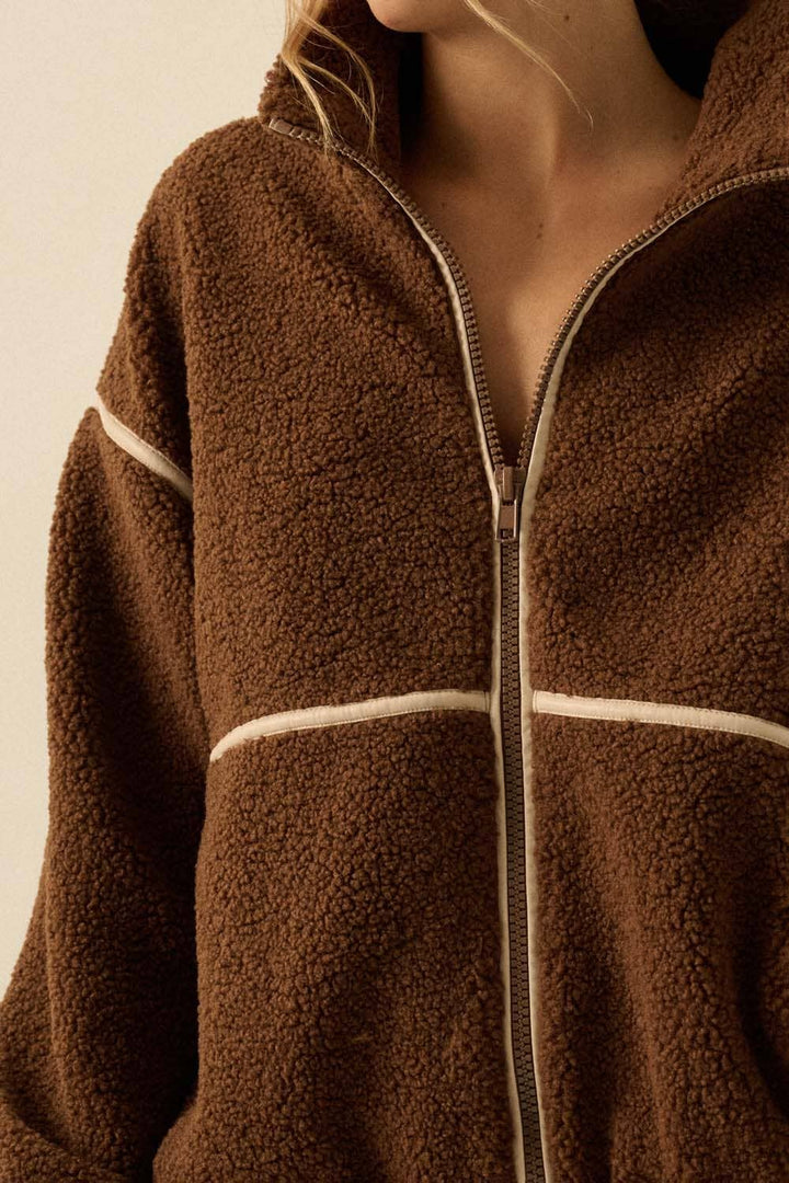 Faux Leather-Trimmed Sherpa Fleece Zip-Up Jacket