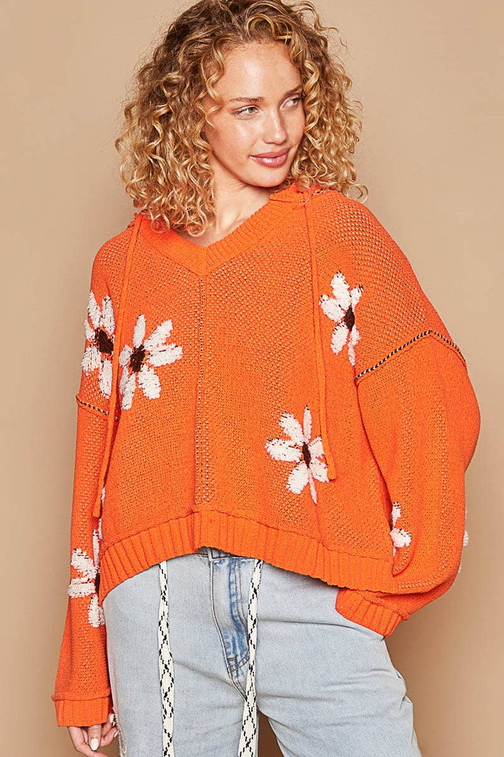 Hooded v-neck floral pattern ribbed openings sweater SALE