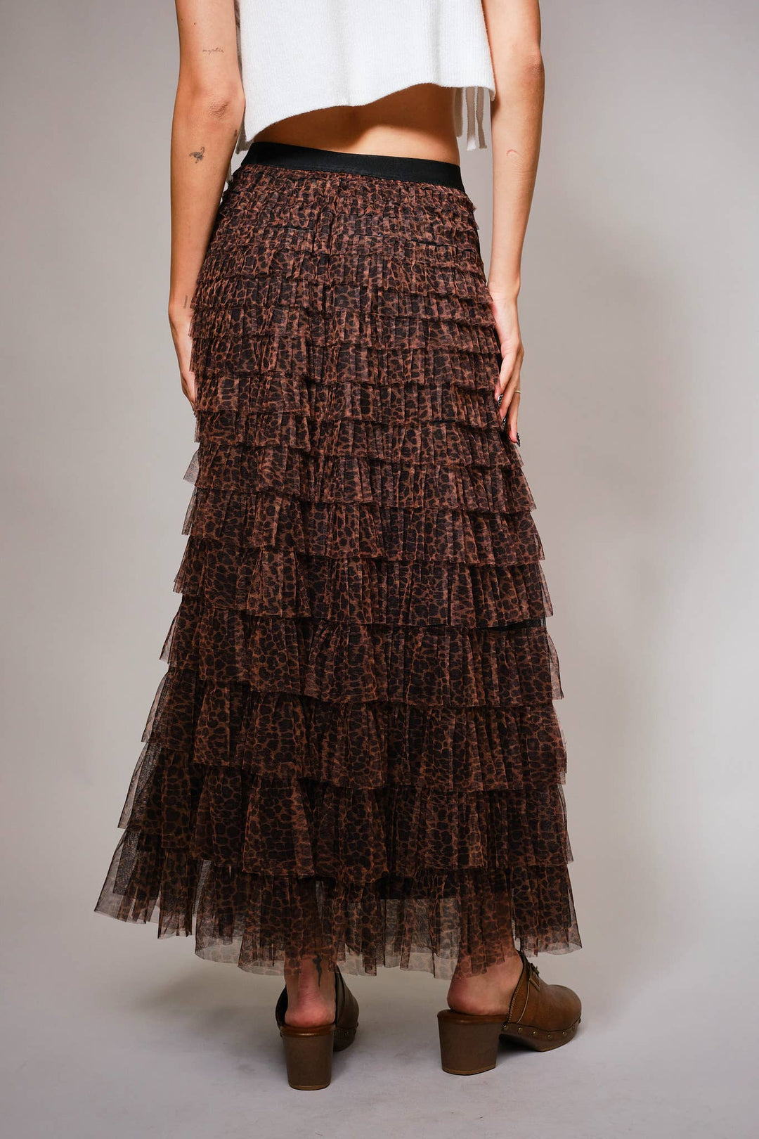 33131S - High Waist Elastic Tiered Ruffle A-Line Maxi Skirt