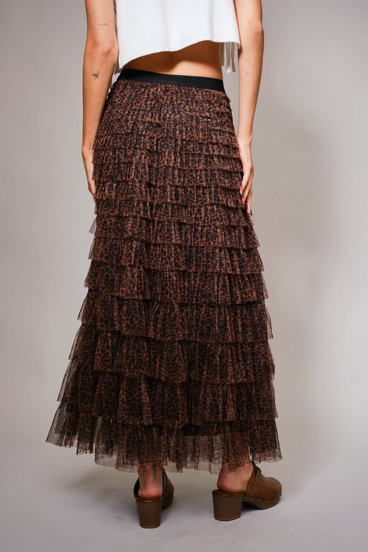 33131S - High Waist Elastic Tiered Ruffle A-Line Maxi Skirt