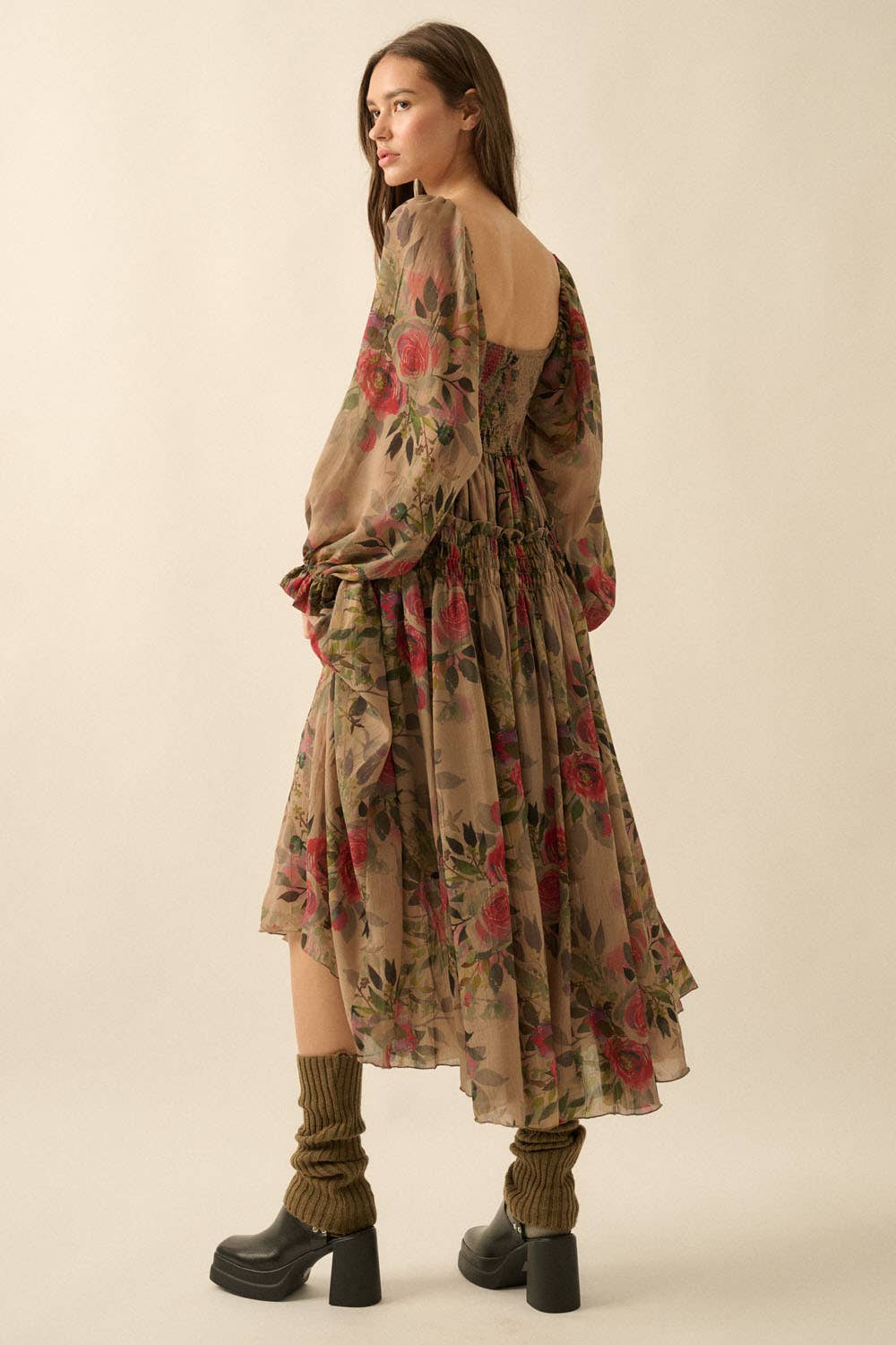 Floral-Print Smocked Bubble Sleeve Maxi Dress