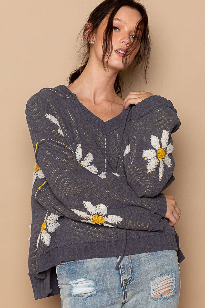 Hooded v-neck floral pattern ribbed openings sweater SALE