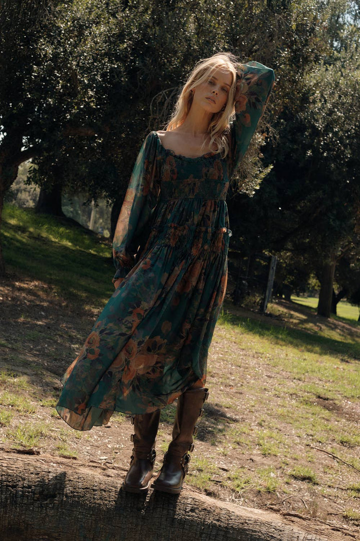 Floral-Print Smocked Bubble Sleeve Maxi Dress