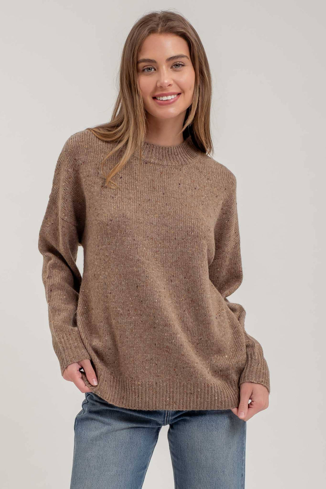 SPECKLE KNIT MOCK NECK LONG SLEEVE SWEATER