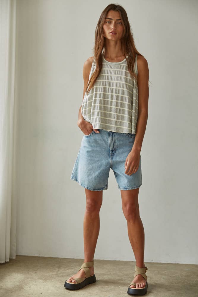RJ3521 | Knit Striped Round Neck Sleeveless Tank Top