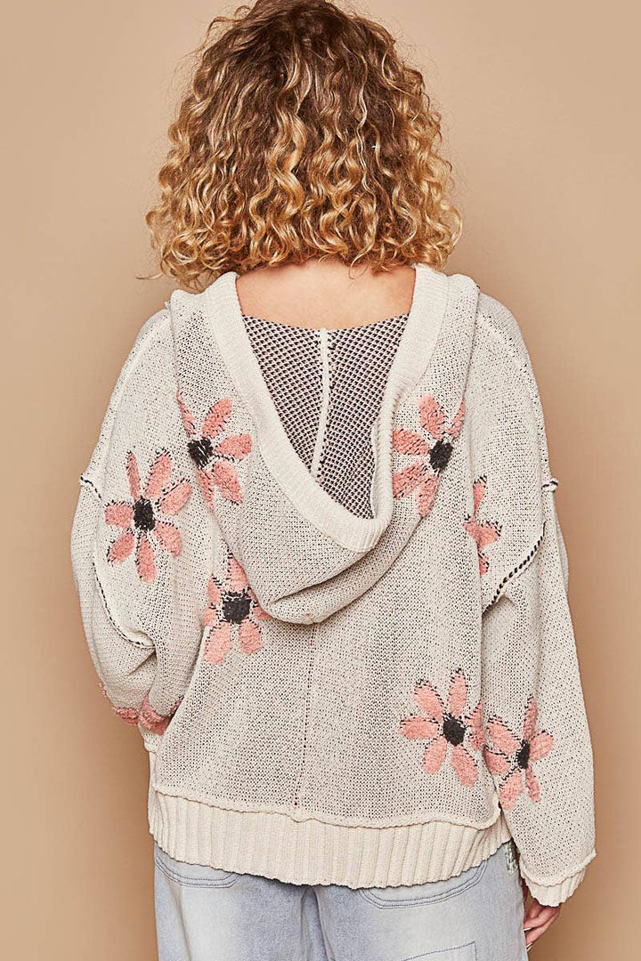 Hooded v-neck floral pattern ribbed openings sweater SALE