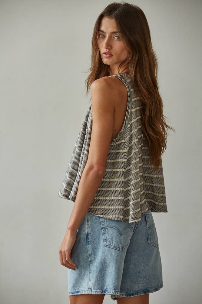 RJ3521 | Knit Striped Round Neck Sleeveless Tank Top