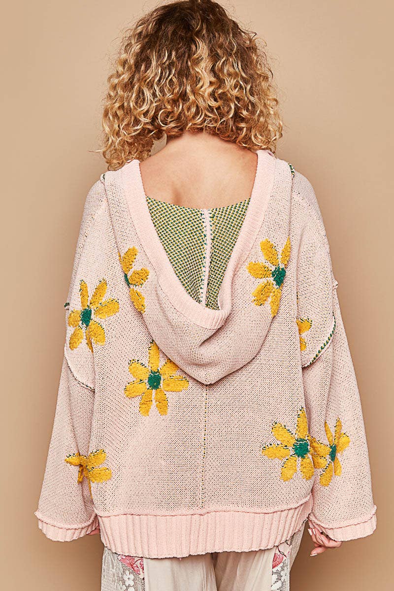 Hooded v-neck floral pattern ribbed openings sweater SALE