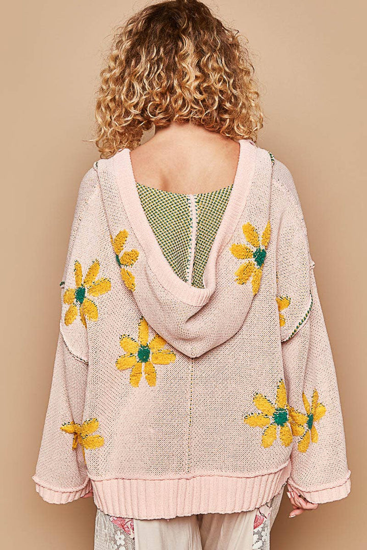 Hooded v-neck floral pattern ribbed openings sweater SALE