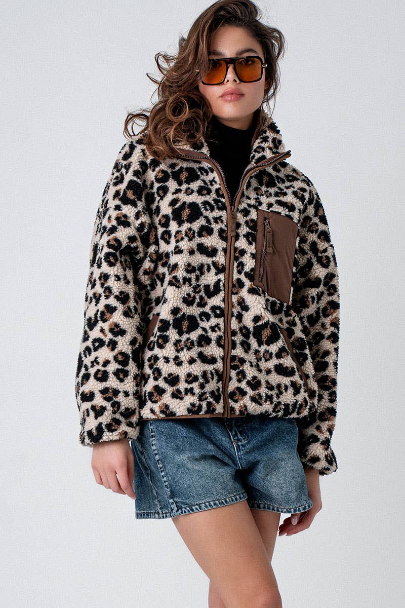 Animal Print Fleece Zip Up Jacket