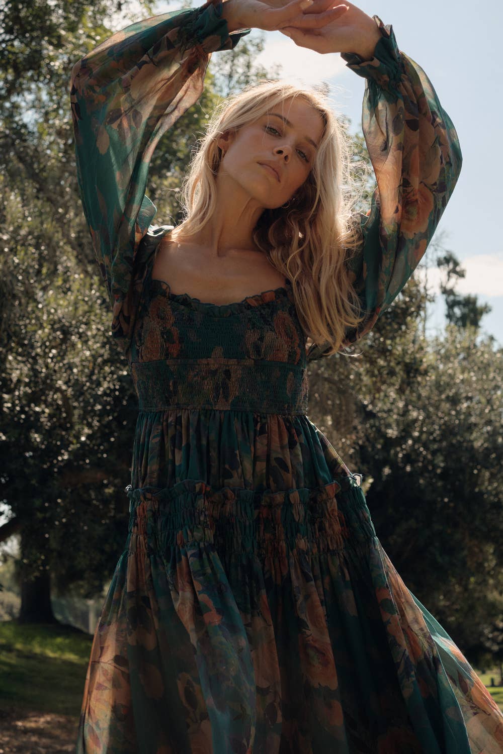 Floral-Print Smocked Bubble Sleeve Maxi Dress