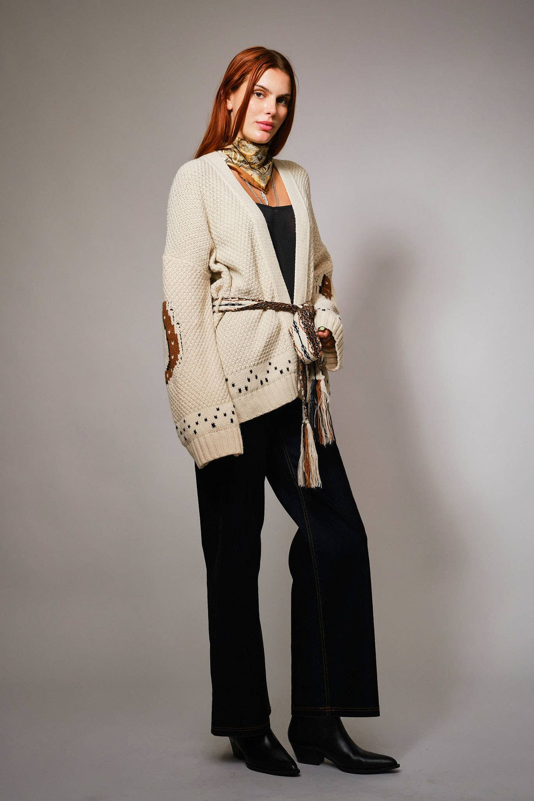52126W - Western Horse Belted Cardigan Sweater