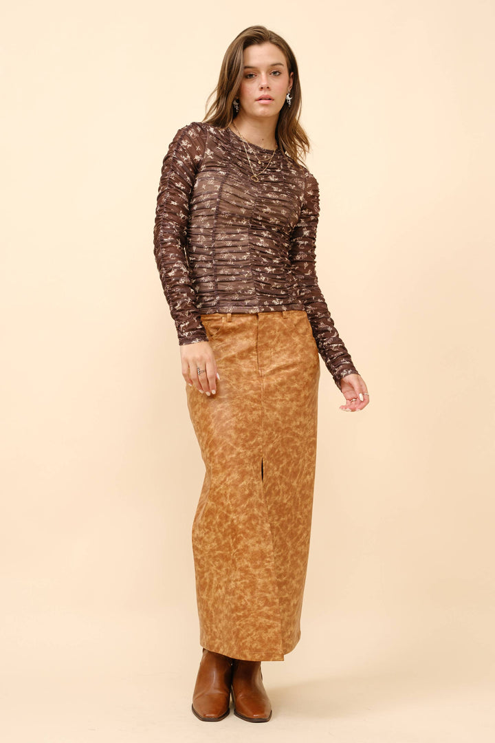 23046T - Ruched Western Print Mesh Top