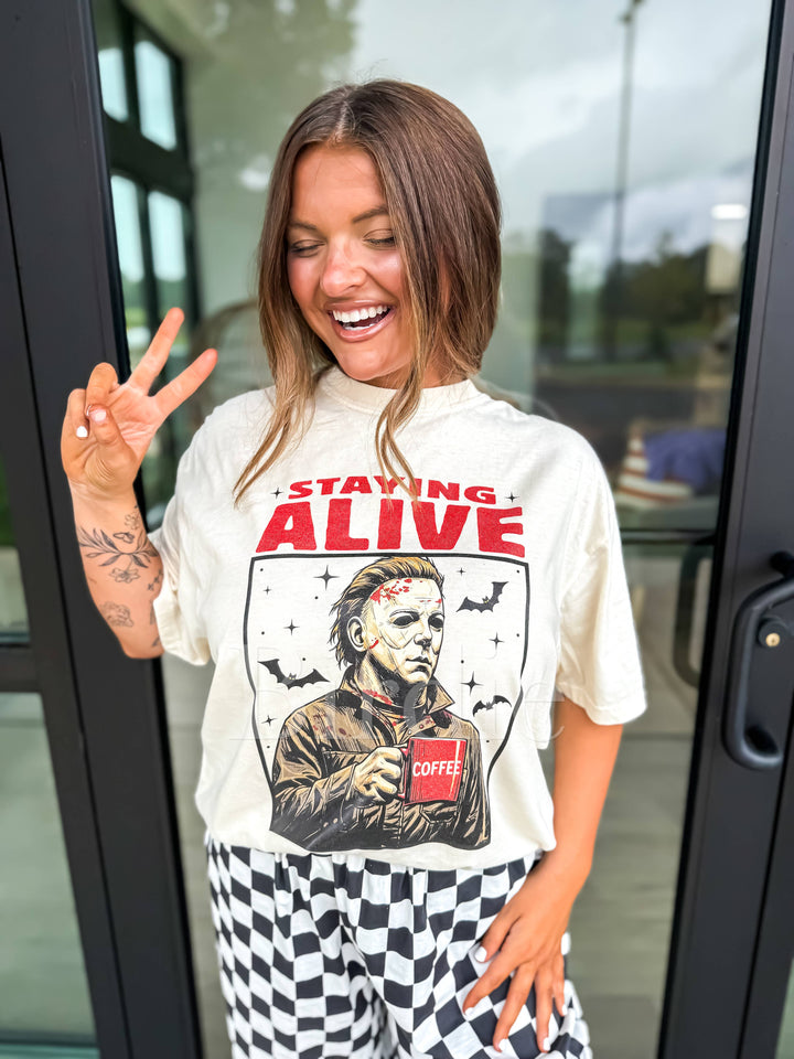 Halloween Staying Alive Graphic Tee in Ivory