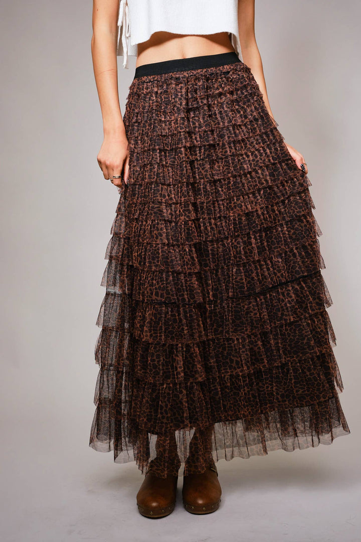 33131S - High Waist Elastic Tiered Ruffle A-Line Maxi Skirt