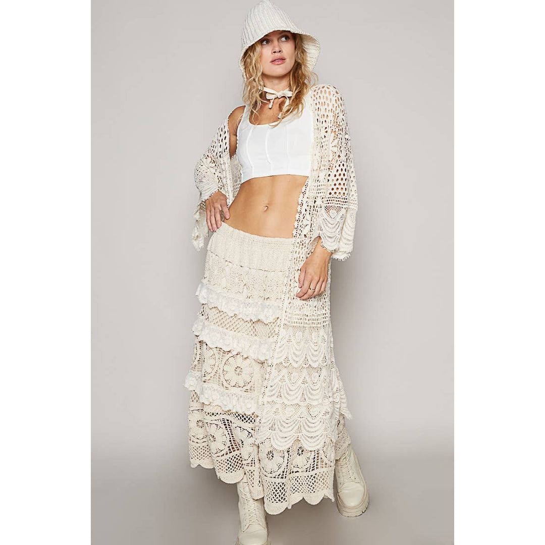 Crochet bell sleeve long open cardigan