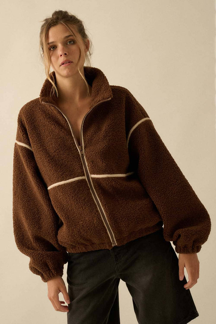 Faux Leather-Trimmed Sherpa Fleece Zip-Up Jacket
