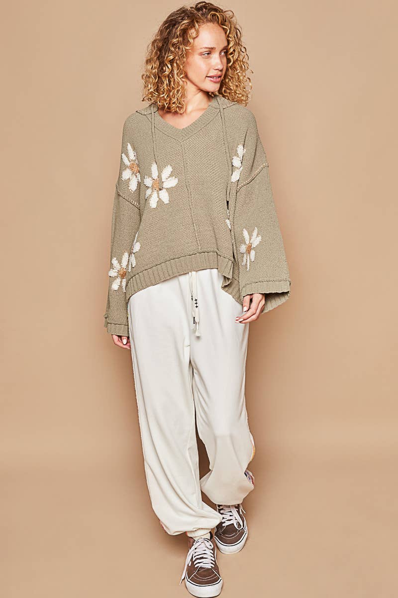 Hooded v-neck floral pattern ribbed openings sweater SALE