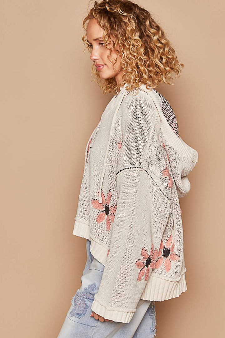 Hooded v-neck floral pattern ribbed openings sweater SALE