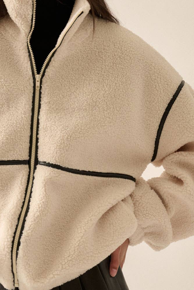Faux Leather-Trimmed Sherpa Fleece Zip-Up Jacket