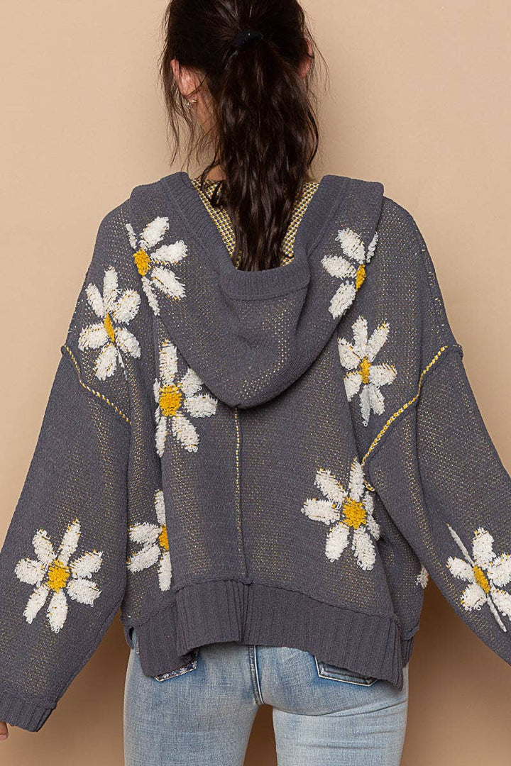 Hooded v-neck floral pattern ribbed openings sweater SALE