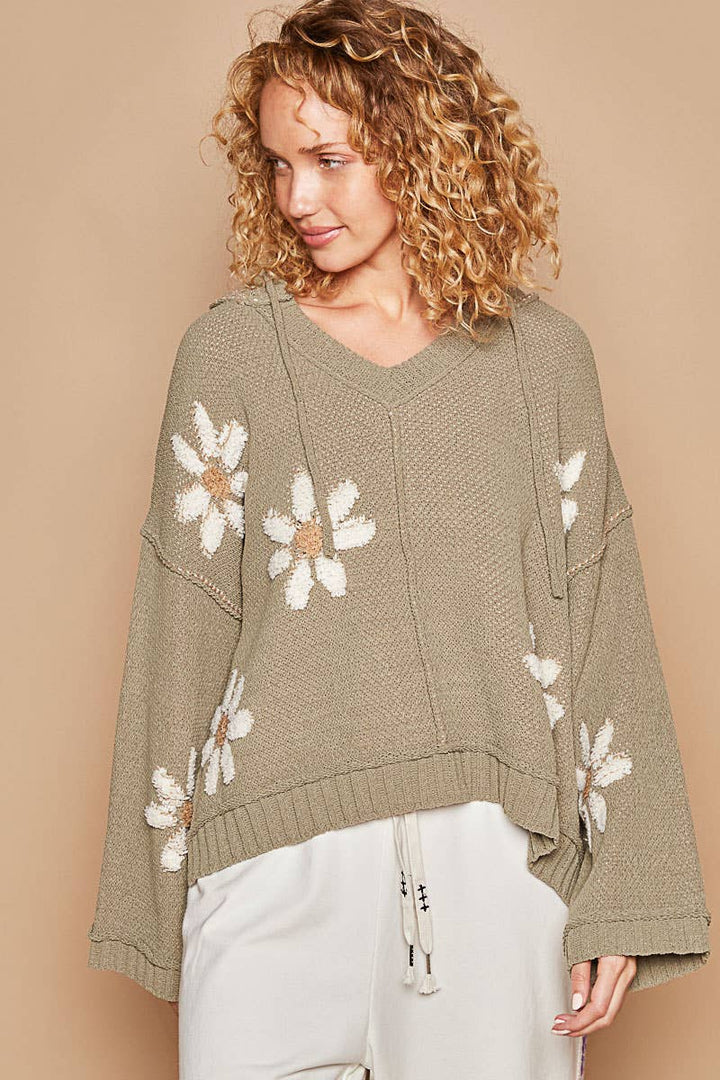 Hooded v-neck floral pattern ribbed openings sweater SALE