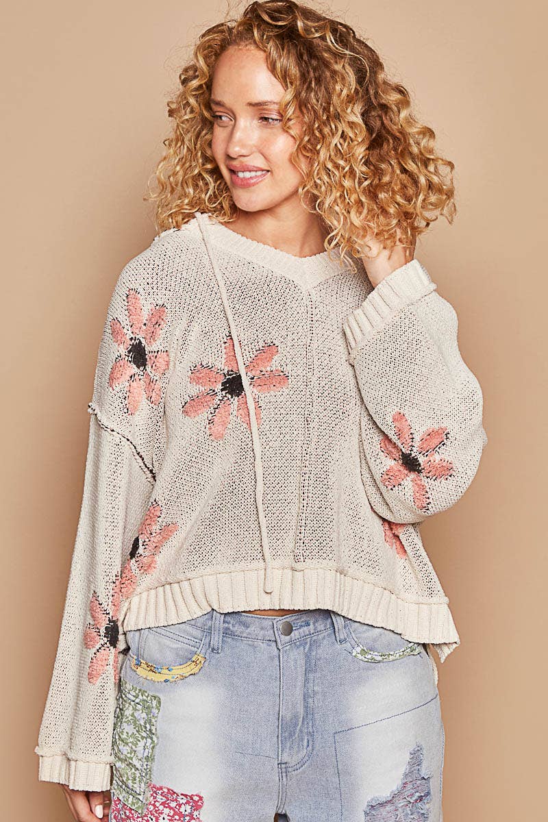 Hooded v-neck floral pattern ribbed openings sweater SALE