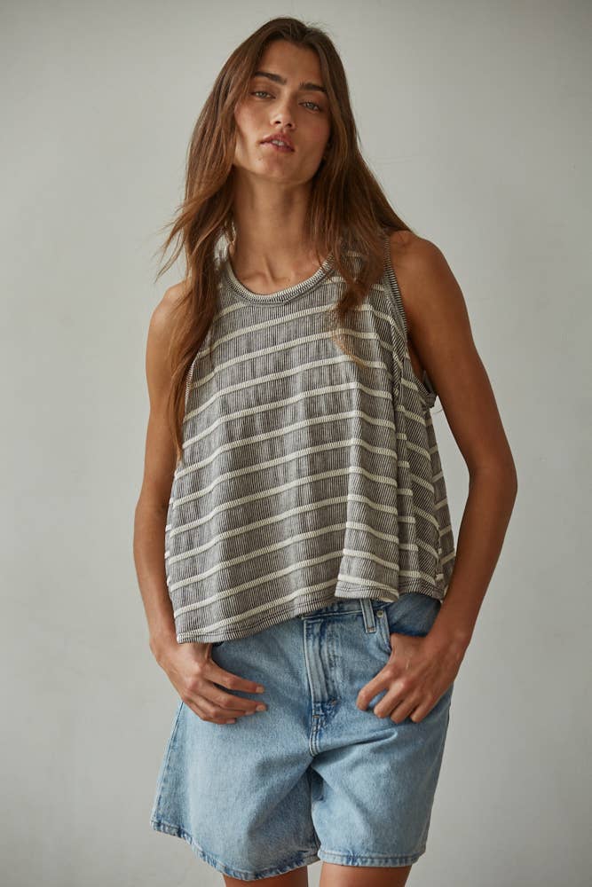 RJ3521 | Knit Striped Round Neck Sleeveless Tank Top