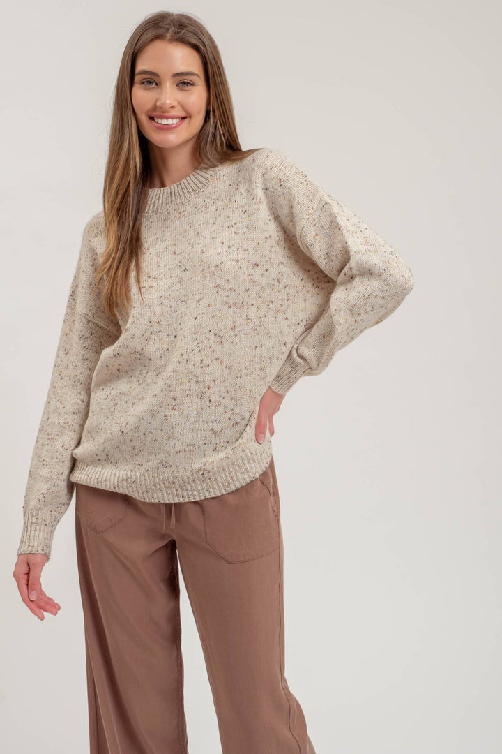 SPECKLE KNIT MOCK NECK LONG SLEEVE SWEATER