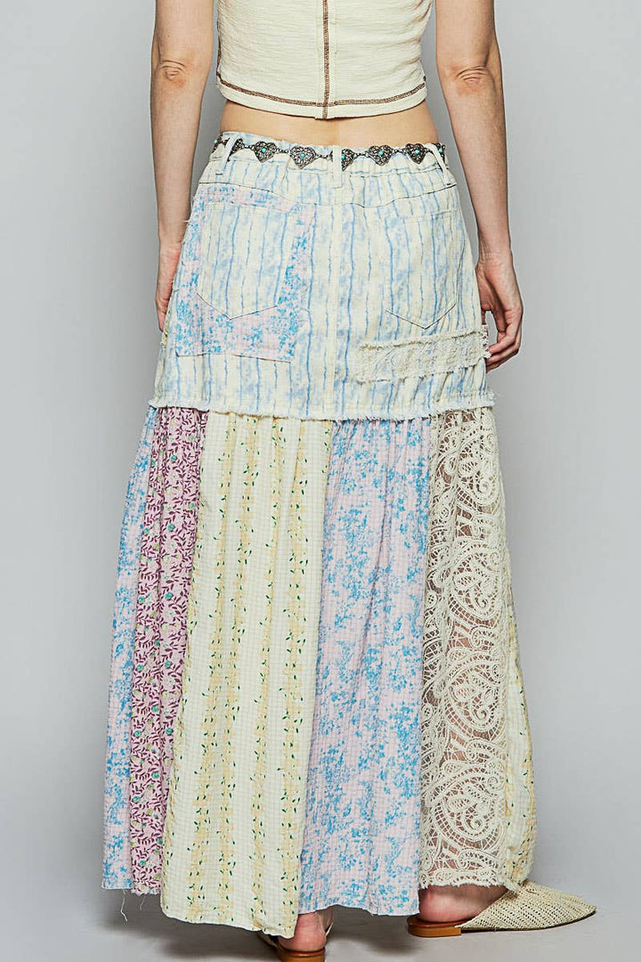 Woven floral print mixed skirt