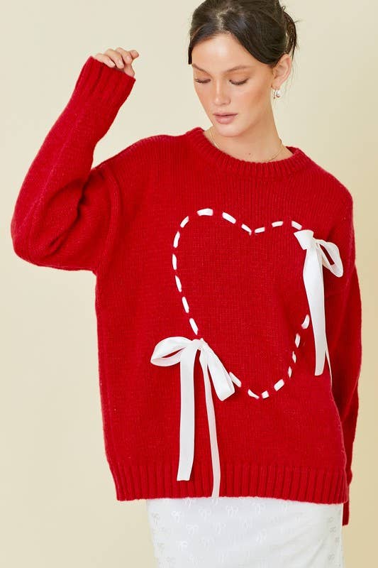 Sweater Top With Heart Detail Ribbon Bow tie