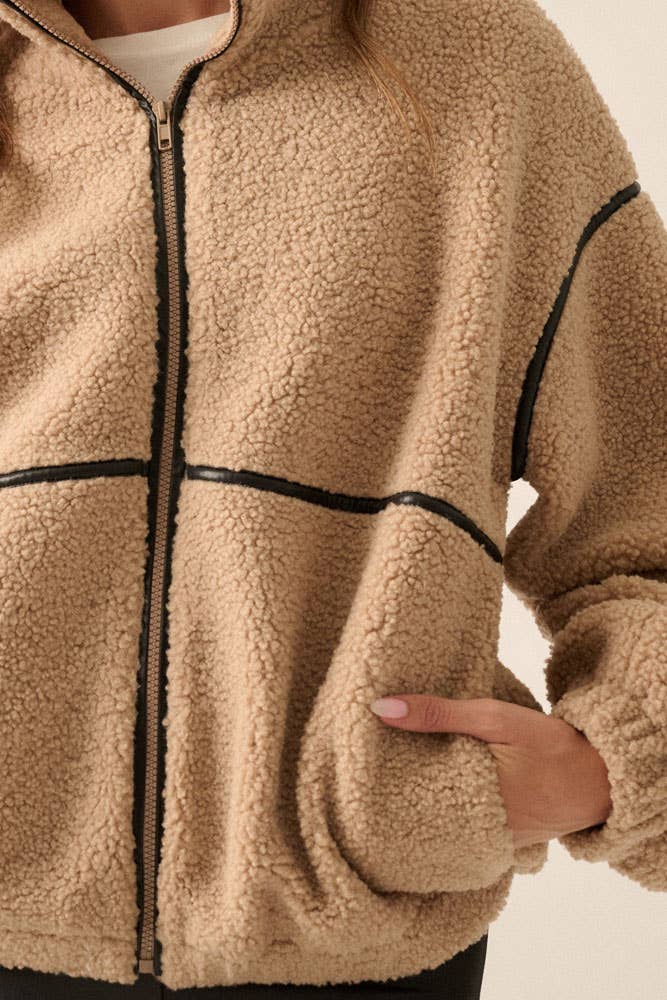 Faux Leather-Trimmed Sherpa Fleece Zip-Up Jacket