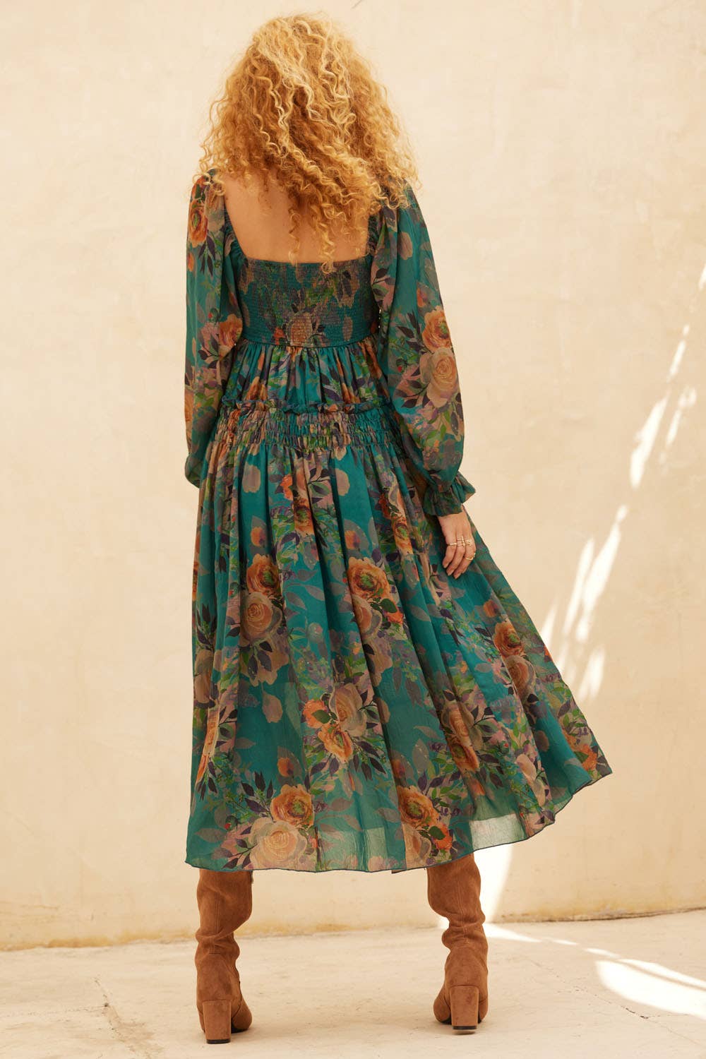 Floral-Print Smocked Bubble Sleeve Maxi Dress