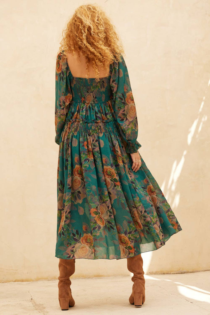 Floral-Print Smocked Bubble Sleeve Maxi Dress