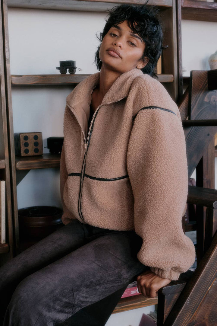 Faux Leather-Trimmed Sherpa Fleece Zip-Up Jacket