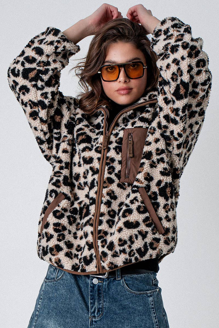 Animal Print Fleece Zip Up Jacket