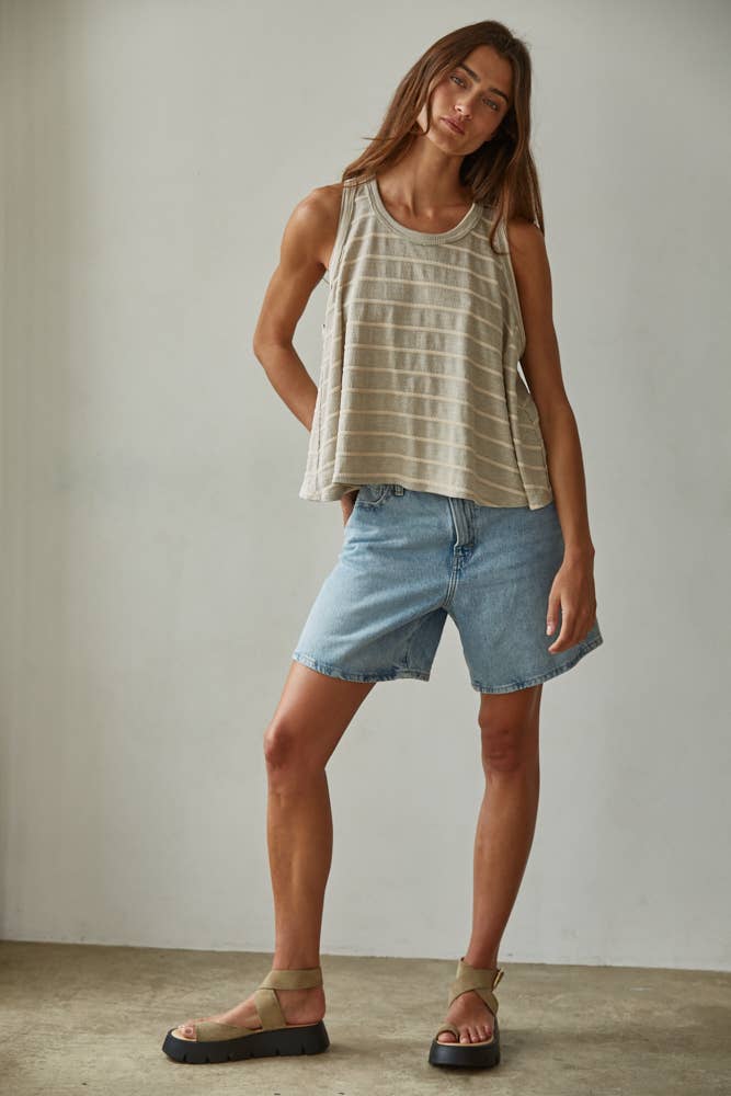 RJ3521 | Knit Striped Round Neck Sleeveless Tank Top
