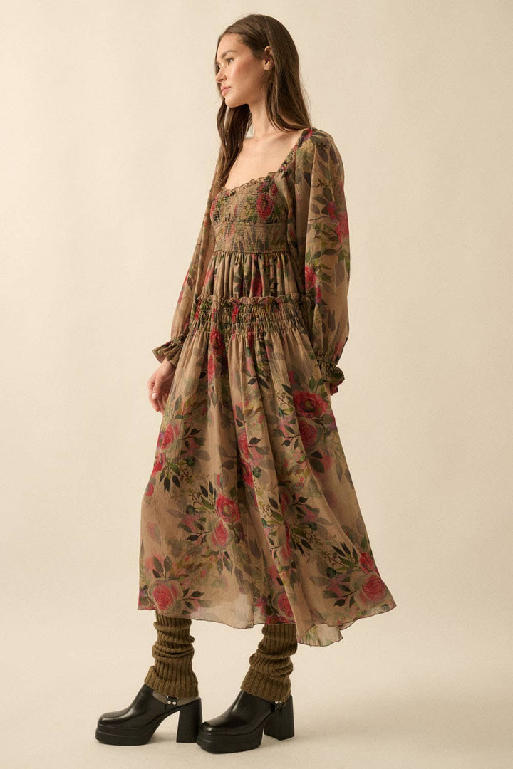 Floral-Print Smocked Bubble Sleeve Maxi Dress