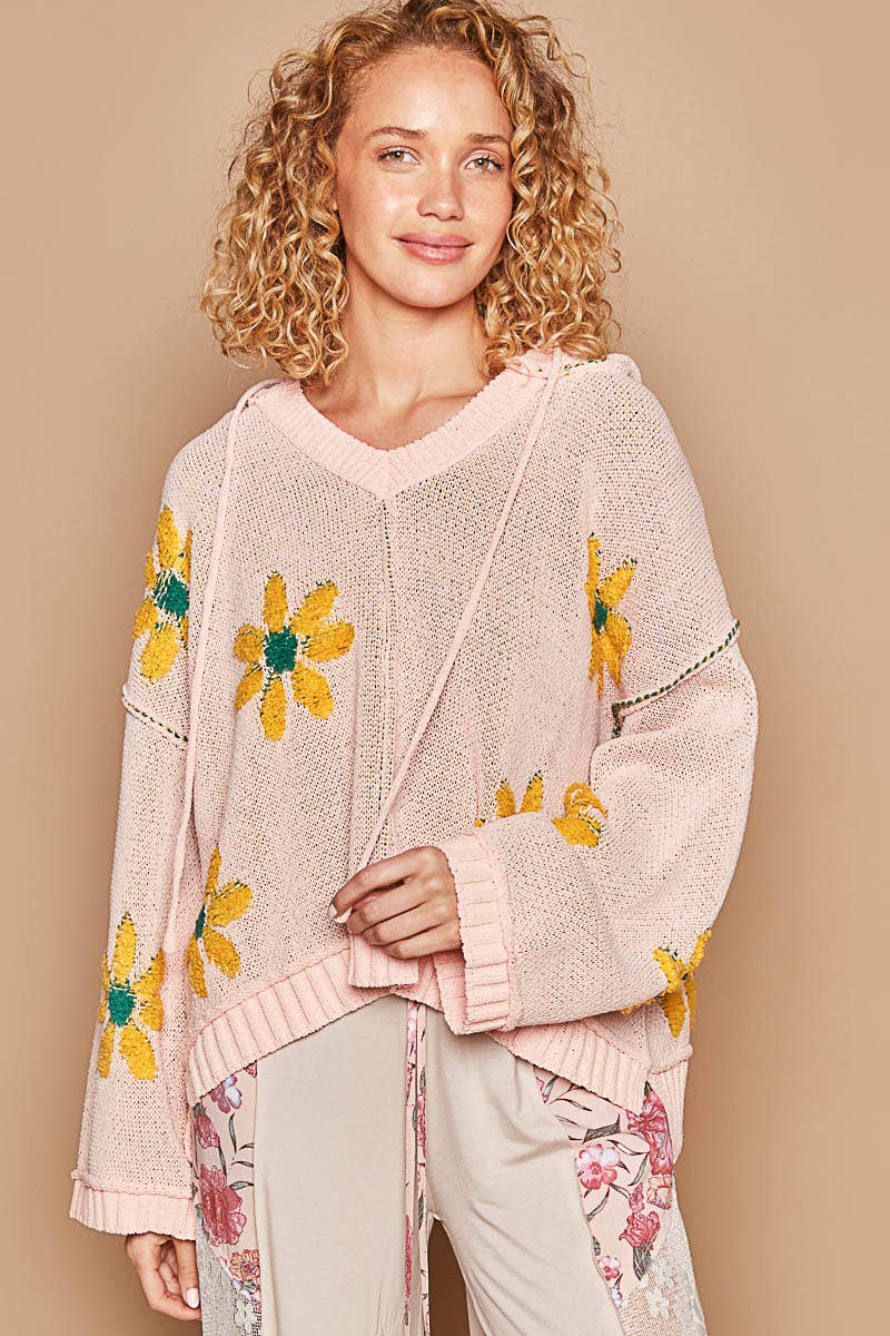 Hooded v-neck floral pattern ribbed openings sweater SALE