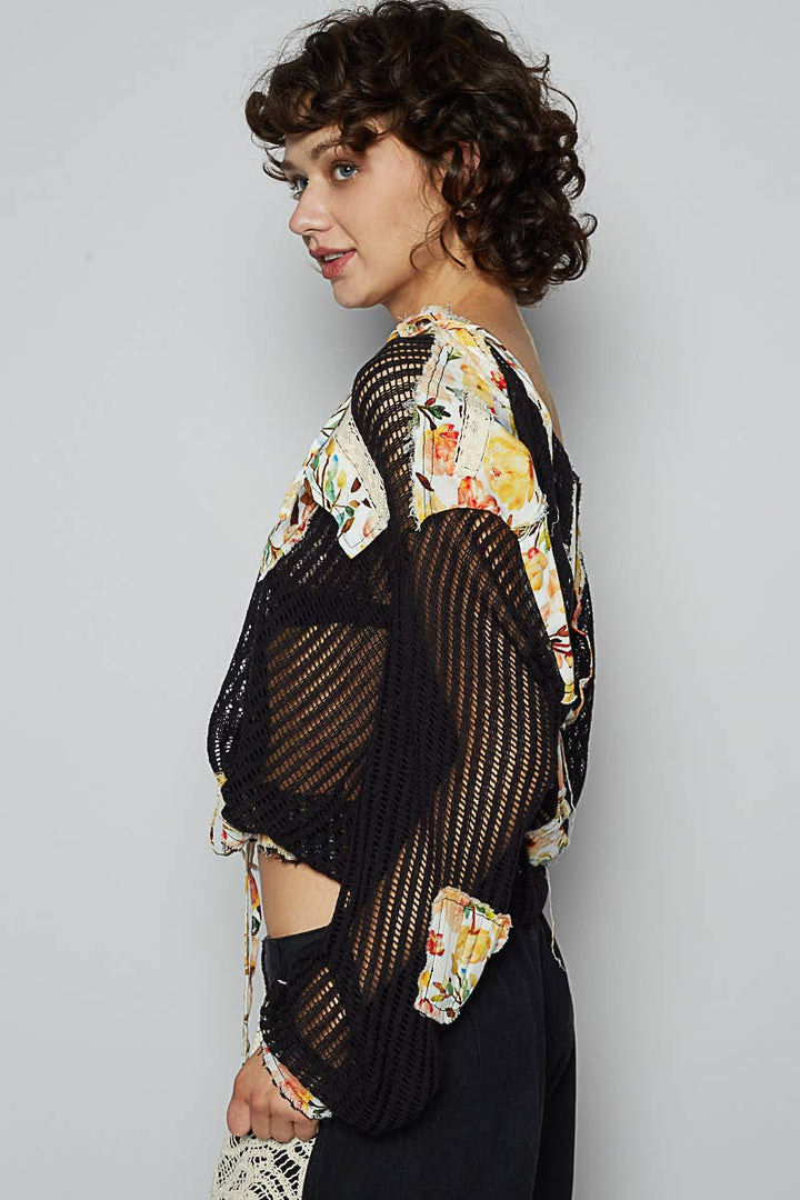 Vintage washed floral print patch crochet jacket